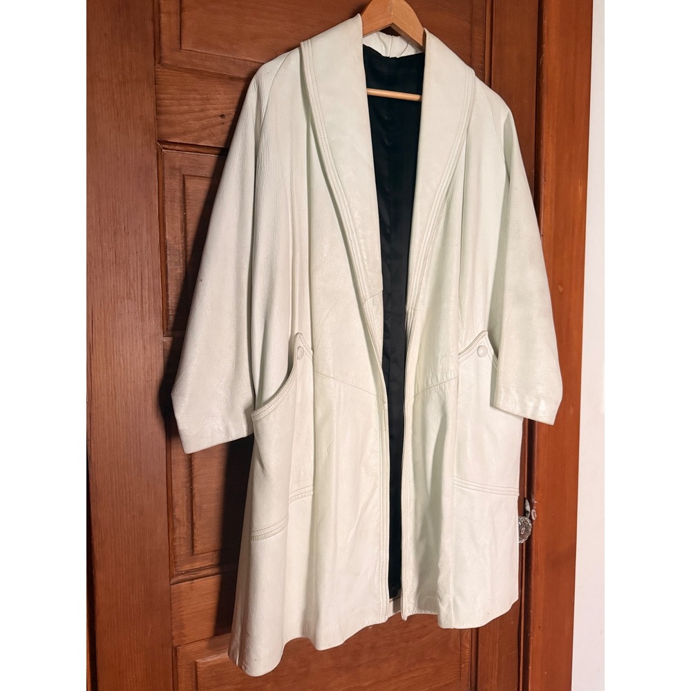 Vintage White Leather Belted Trench Coat Womens Medium Large Shawl Collar Jacket